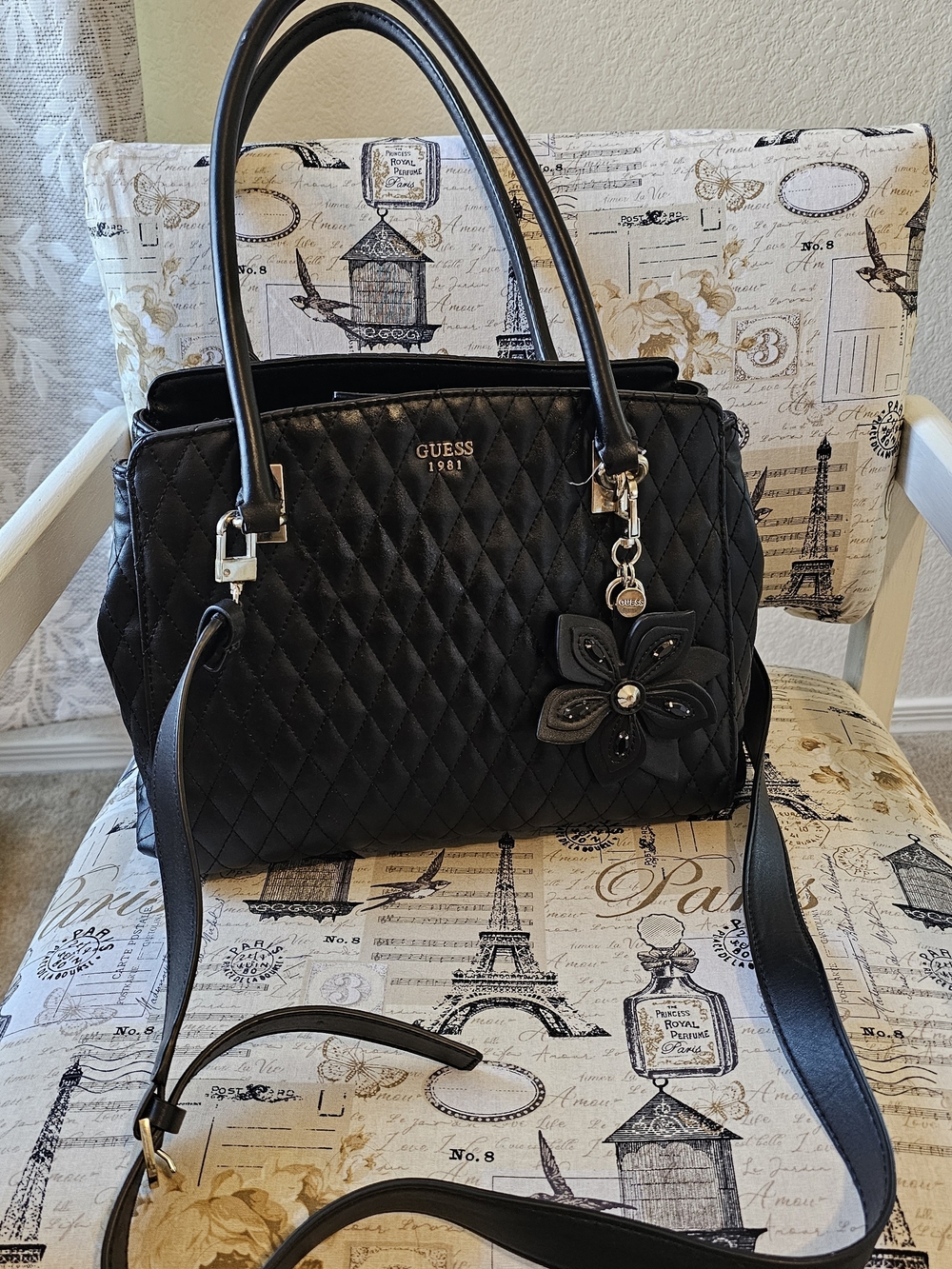 Guess Black Quilted Satchel with Flower Charm